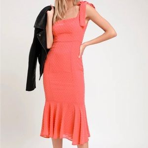 Lulu’s Bimini Coral Pink Swiss Dot Tie Strap Midi Dress